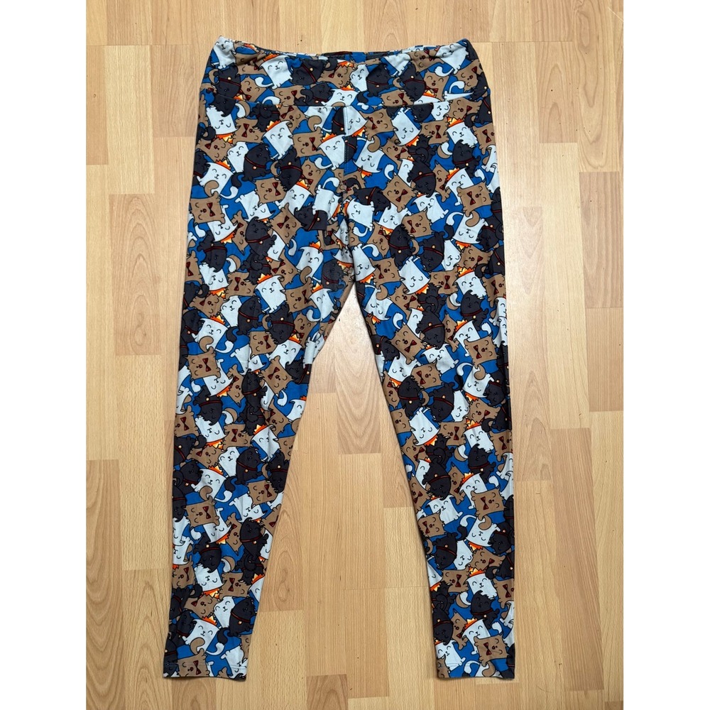 Cute Cartoon Cat Print Leggings Soft Blue Brown Kitten Bow Tie Graphic Pants